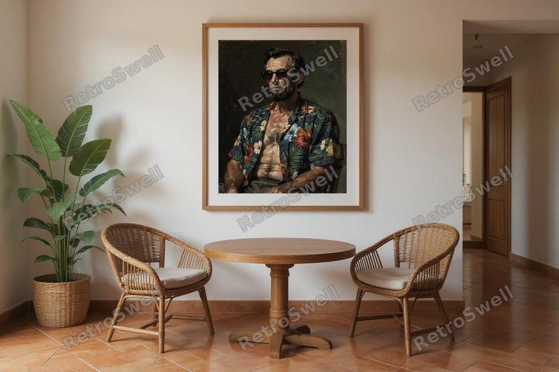 Abe Lincoln Print framed in a coastal dining room setting