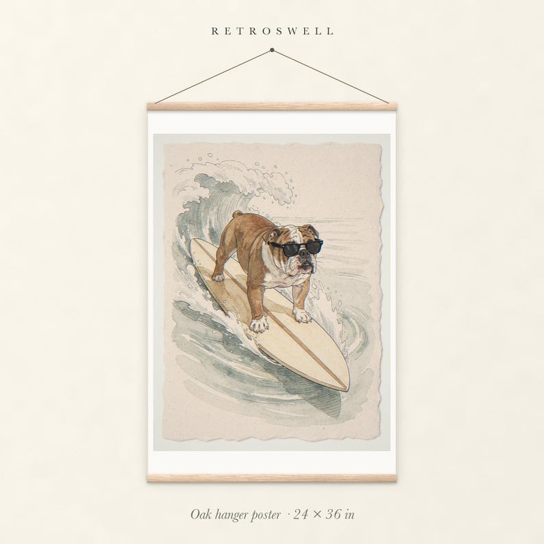 Bulldog Surfing oak hanger poster, 24 by 36 inches, with natural wood rails and a hanging cord.