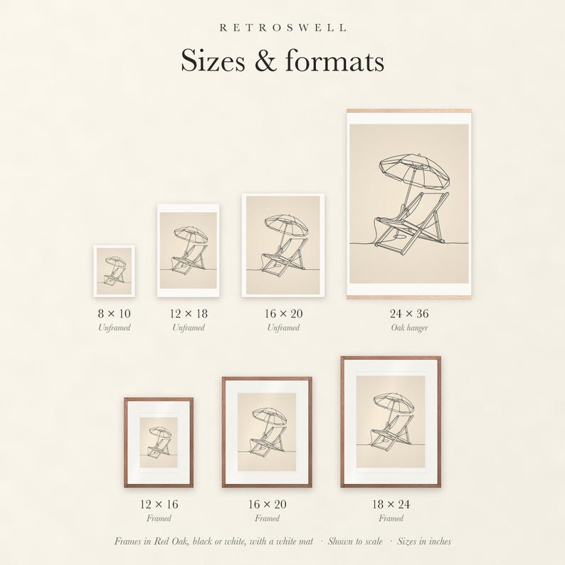Sizes and formats for Beach Chair and Umbrella Line, shown to scale: unframed prints, oak hanger and framed prints.
