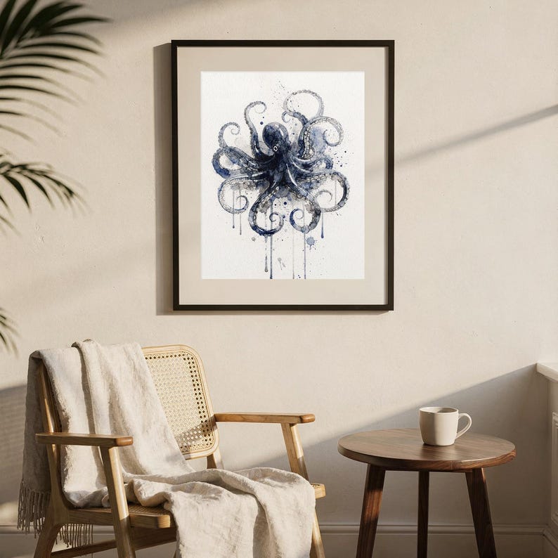 Octopus Watercolor Print, Indigo Sea Life Painting, Coastal Wall Art, Nautical Bathroom Decor, Printable Wall Art Digital Download image 8