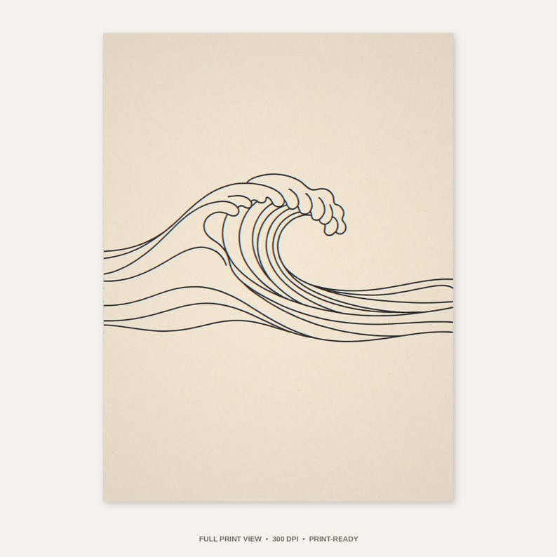 Boho Breaking Wave Line Art - full unframed print view, 300 DPI print-ready quality