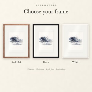 Frame options for Rolling Break Wave Watercolor: Red Oak, black and white wood frames, each with a white mat.