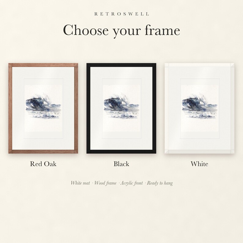 Frame options for Rolling Break Wave Watercolor: Red Oak, black and white wood frames, each with a white mat.