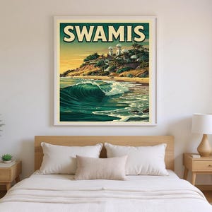 Swamis Surf Poster framed in a modern bedroom setting