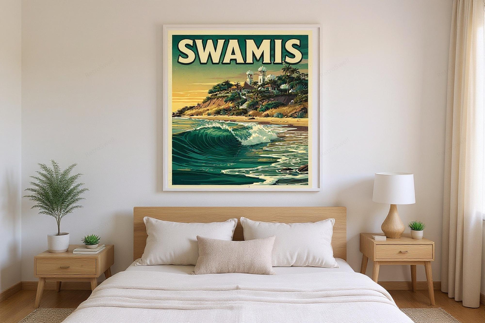 Swamis Surf Poster framed in a modern bedroom setting