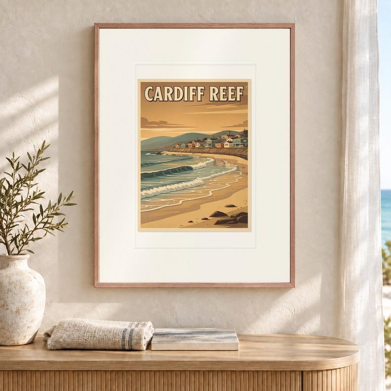 Plakat podróżniczy Cardiff Reef Surf, oprawiony lub nieoprawiony, styl vintage, wydruk nadmorski zdjęcie 12
