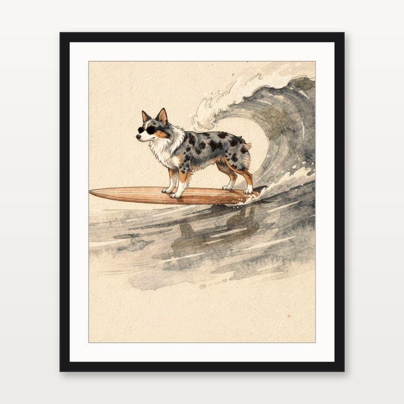 Australian Shepherd Surfing Print | Watercolor Dog Wall Art | Coastal Beach Decor | Printable Instant Download | Aussie Gift image 2