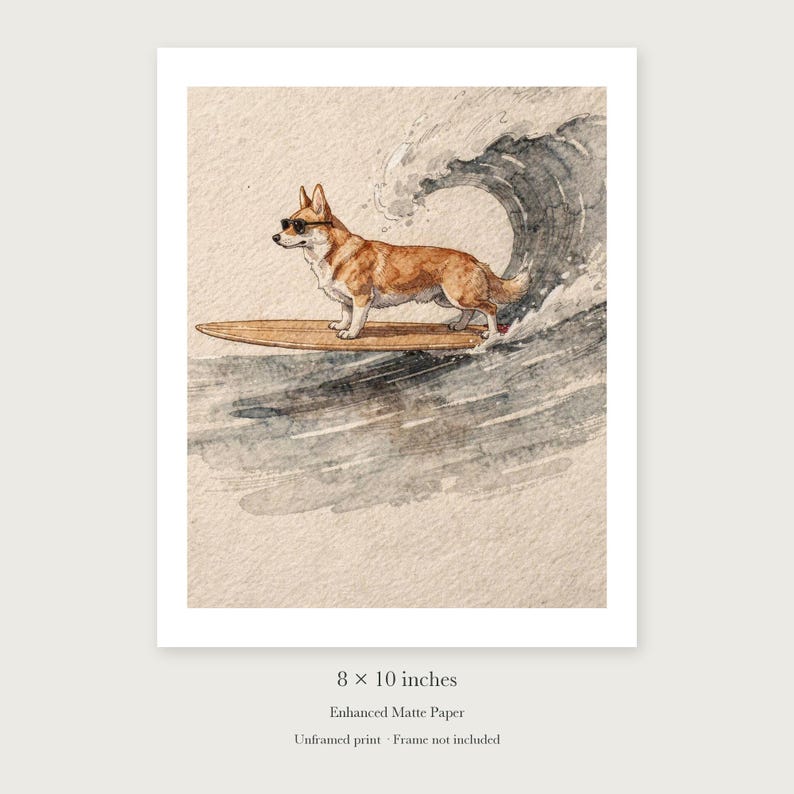 Corgi Surfing unframed 8 by 10 inch print on enhanced matte paper, shown with its white paper border.