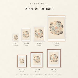 Sizes and formats for Tide Pool Nursery, shown to scale: unframed prints, oak hanger and framed prints.