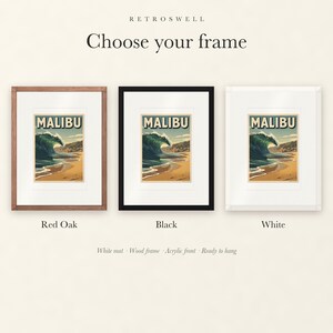 Frame options for Malibu Surf: Red Oak, black and white wood frames, each with a white mat.