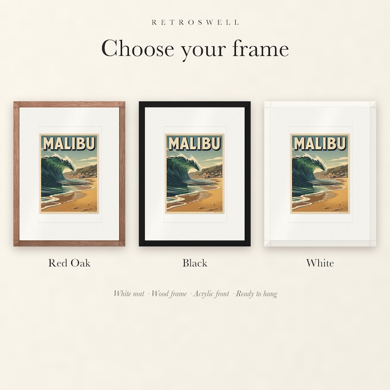Frame options for Malibu Surf: Red Oak, black and white wood frames, each with a white mat.