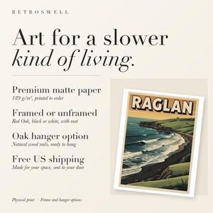 RetroSwell print details for Raglan New Zealand Surf: premium 189 g/m² matte paper, framed or unframed, oak hanger option, free US shipping.