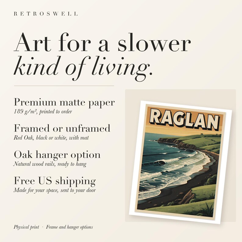 RetroSwell print details for Raglan New Zealand Surf: premium 189 g/m² matte paper, framed or unframed, oak hanger option, free US shipping.