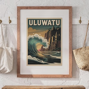 Uluwatu Bali Surf Travel Poster print in a Red Oak frame with a white mat, hanging above the bench in a beach cottage entryway.
