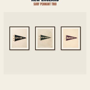 New England surf pennant printable trio showing Cape Cod, Martha's Vineyard, and Nantucket in three coordinated frames
