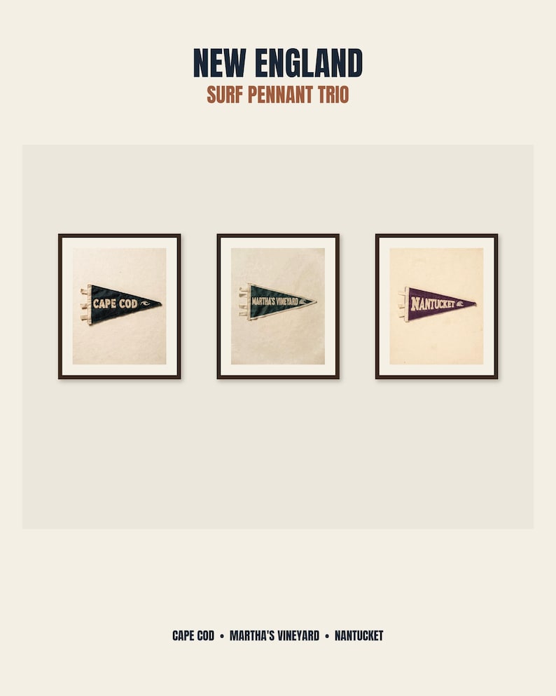 New England surf pennant printable trio showing Cape Cod, Martha's Vineyard, and Nantucket in three coordinated frames