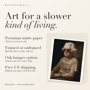RetroSwell print details for Thomas Jefferson: premium 189 g/m² matte paper, framed or unframed, oak hanger option, free US shipping.