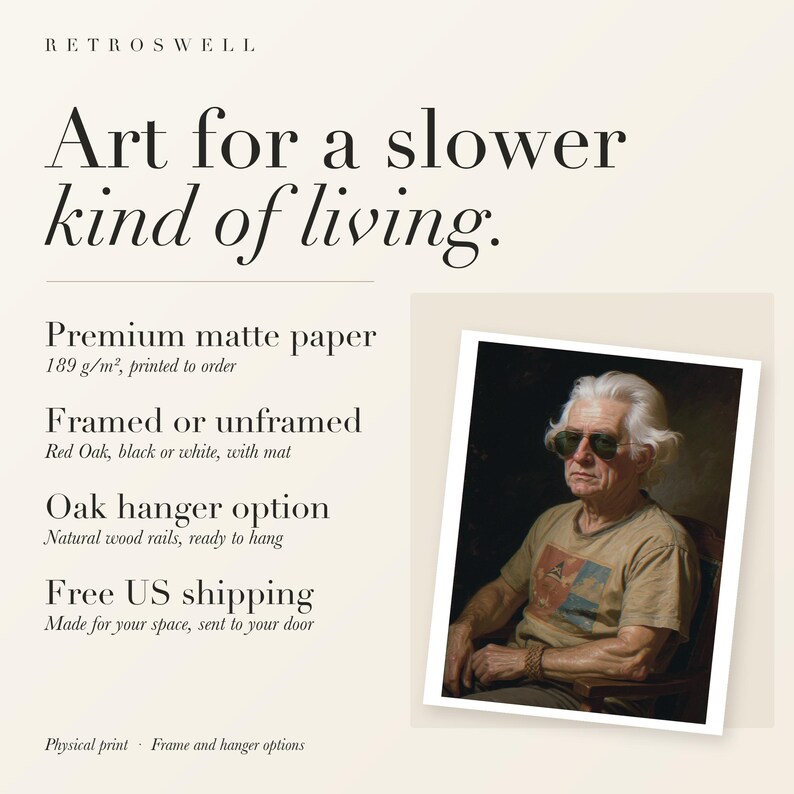 RetroSwell print details for Thomas Jefferson: premium 189 g/m² matte paper, framed or unframed, oak hanger option, free US shipping.