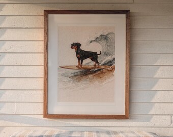 Lámina artística de Doberman surfeando, póster de perro costero enmarcado o sin enmarcar