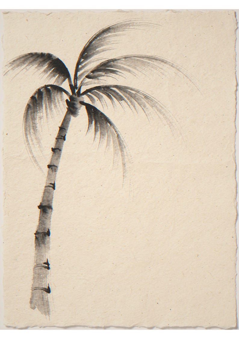 Lone palm tree unframed printed artwork and full composition with its paper border.