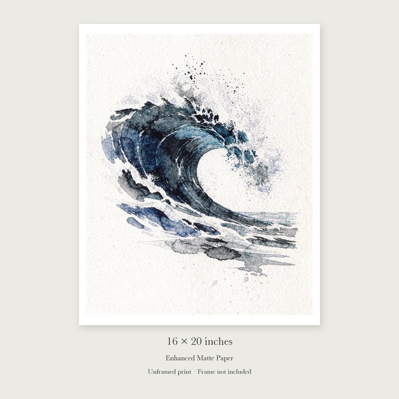 Indigo Barrel Wave Watercolor unframed 16 by 20 inch print on enhanced matte paper, shown with its white paper border.
