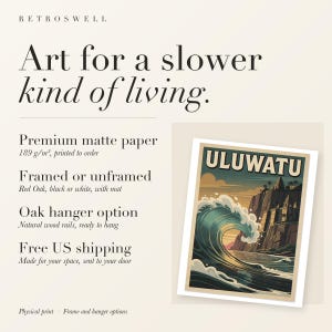 Uluwatu Bali Surf Travel Poster, Framed or Unframed Vintage Style Coastal Print image 11