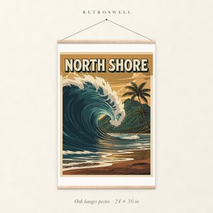 North Shore Surf oak hanger poster, 24 by 36 inches, with natural wood rails and a hanging cord.