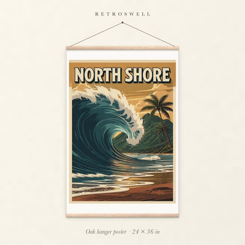 North Shore Surf oak hanger poster, 24 by 36 inches, with natural wood rails and a hanging cord.