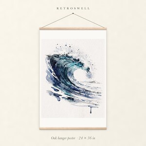 Glass Curl Wave Watercolor oak hanger poster, 24 by 36 inches, with natural wood rails and a hanging cord.