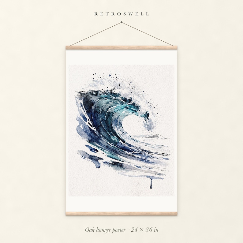 Glass Curl Wave Watercolor oak hanger poster, 24 by 36 inches, with natural wood rails and a hanging cord.