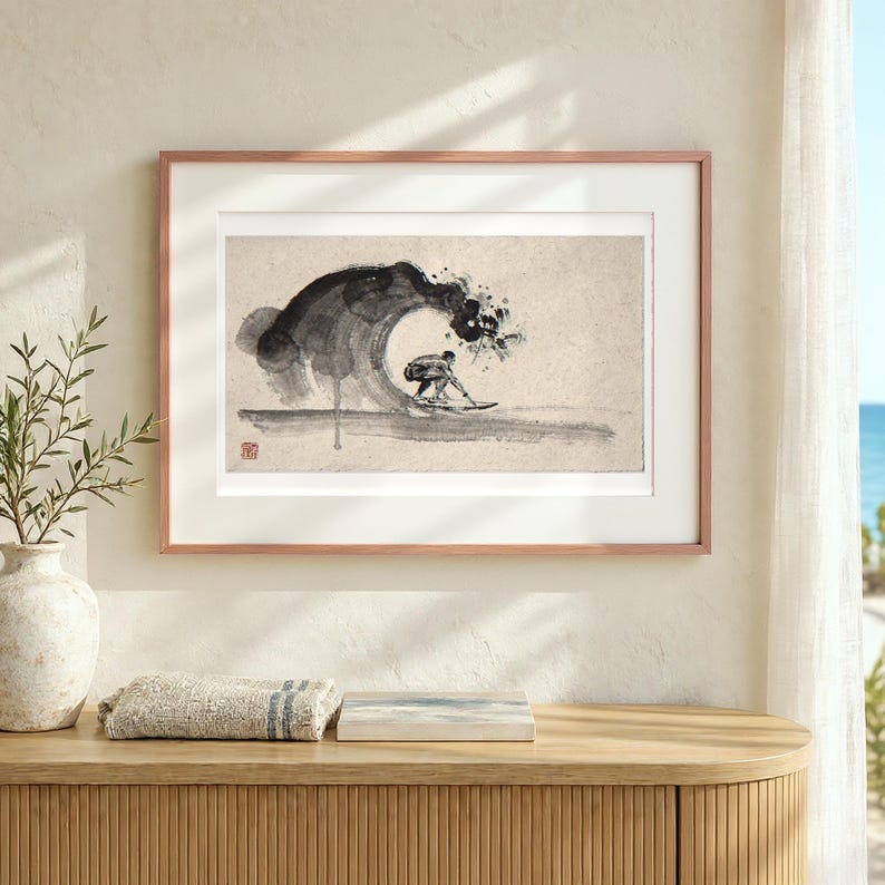 Surfer in the Barrel Xieyi Ink Art Print, Framed or Unframed Chinese Brush Painting, Landscape Wall Art image 12