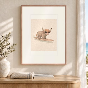 Highland Cow Surfing Art Print, Framed or Unframed Coastal Nursery Poster image 2