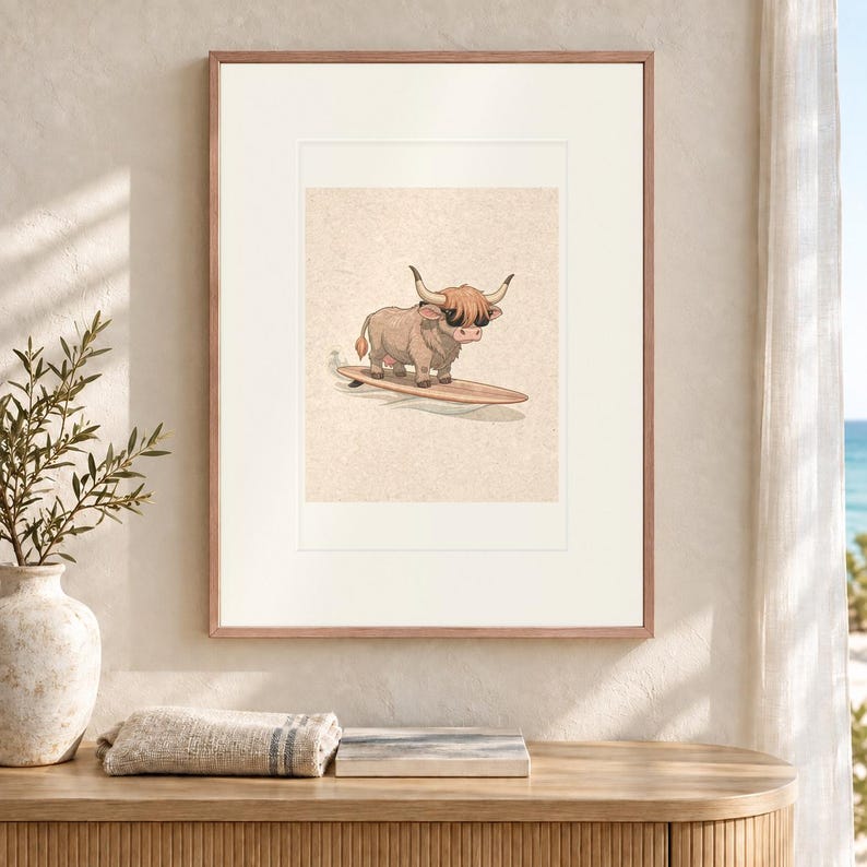 Highland Cow Surfing Print