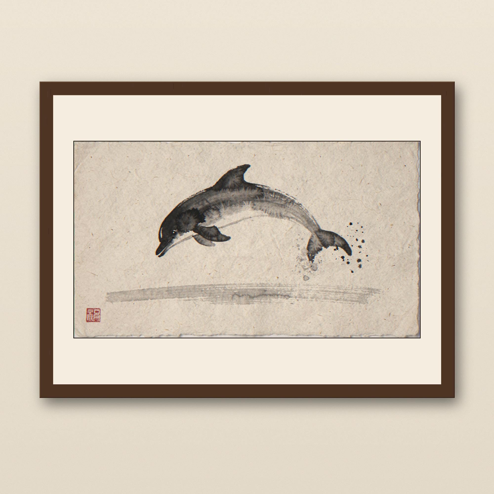 Xieyi Ink Leaping Dolphin Print - walnut framed art print with cream mat on plaster wall
