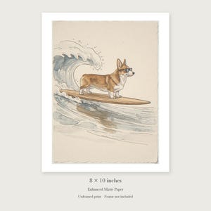 Corgi Surfing unframed 8 by 10 inch print on enhanced matte paper, shown with its white paper border.