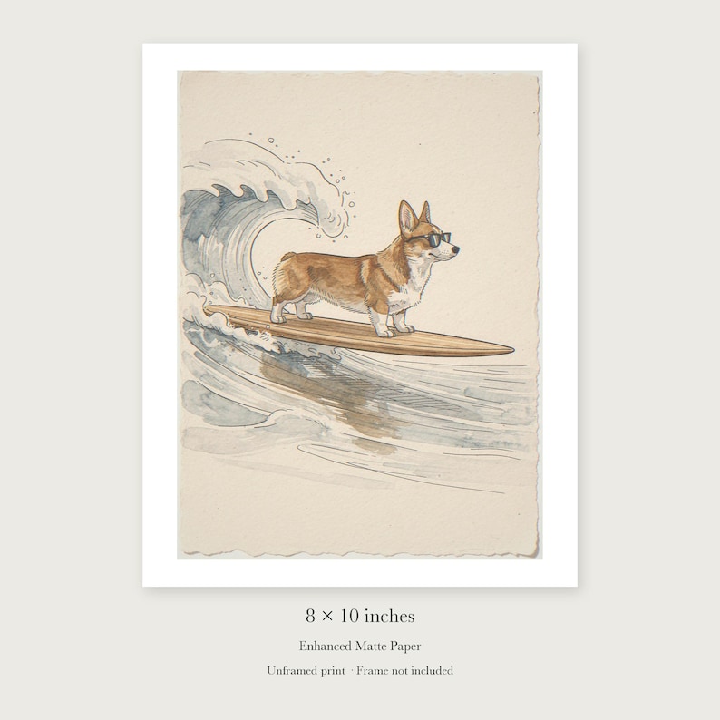 Corgi Surfing unframed 8 by 10 inch print on enhanced matte paper, shown with its white paper border.