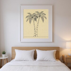 Boho Palm Tree Line Art framed in a modern bedroom setting