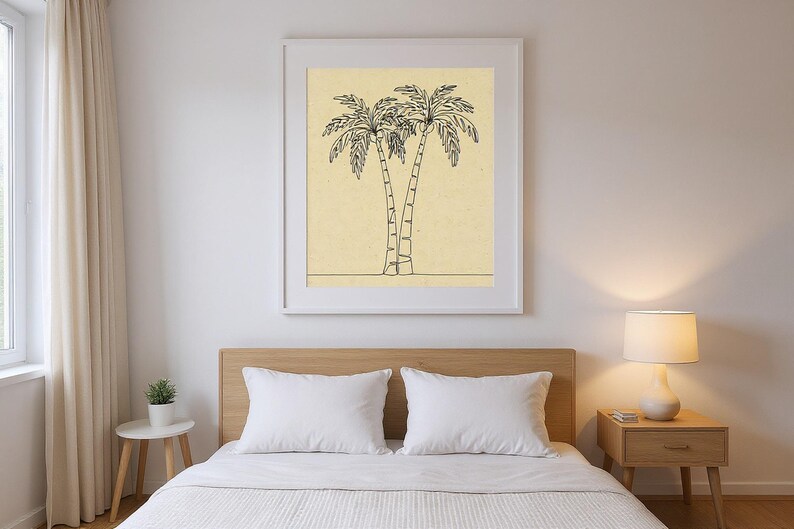 Boho Palm Tree Line Art framed in a modern bedroom setting