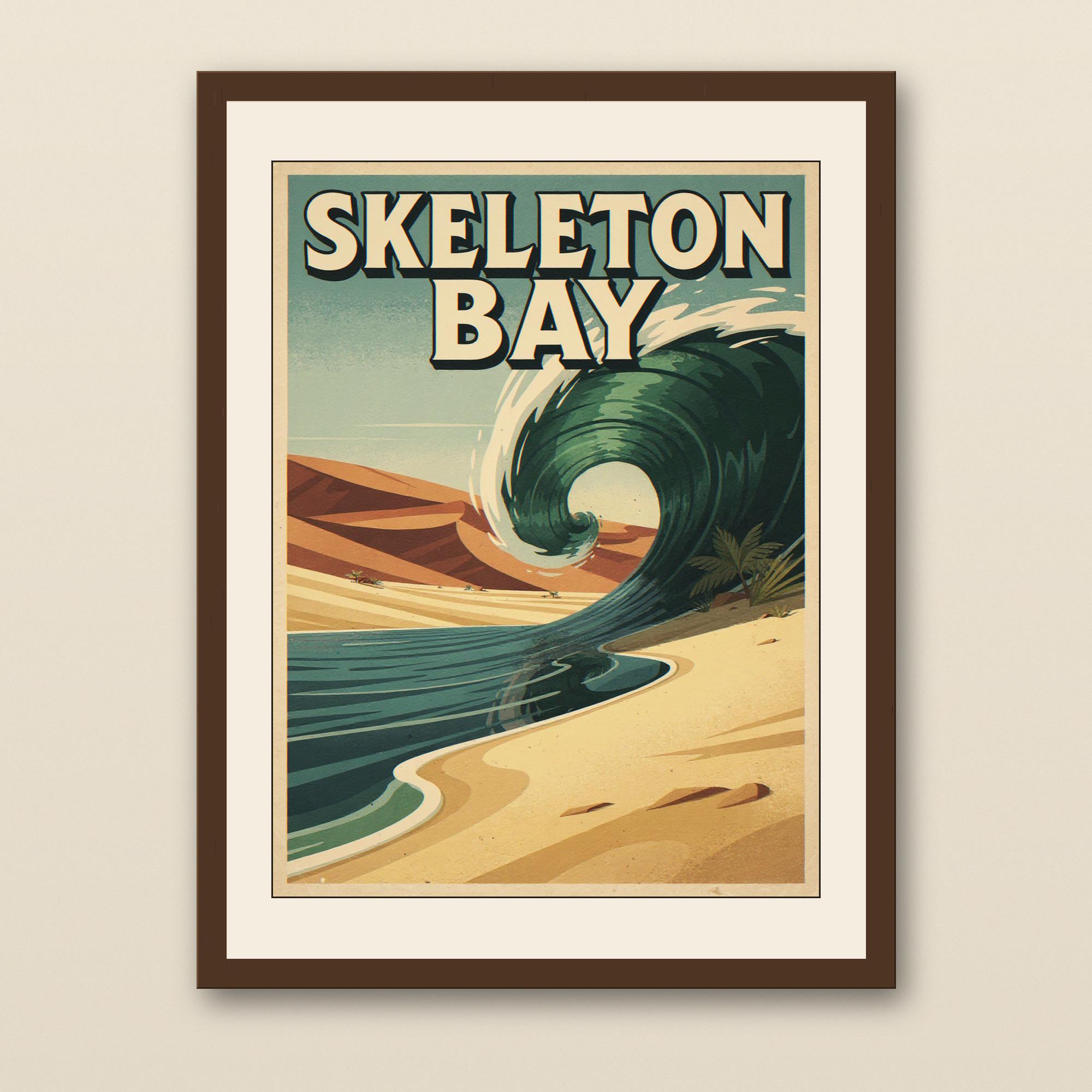 Skeleton Bay Namibia Surf Poster - walnut framed art print with cream mat on plaster wall