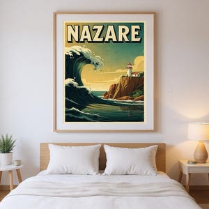 Nazare Portugal Surf Poster framed in a modern bedroom setting