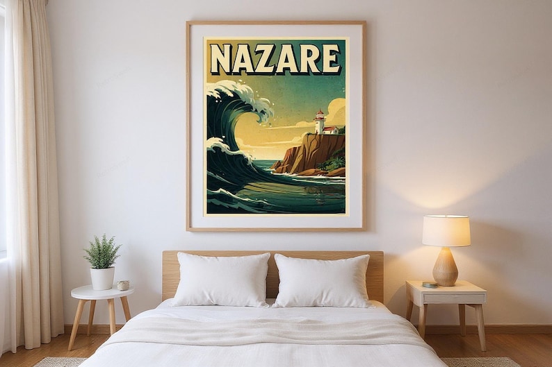 Nazare Portugal Surf Poster framed in a modern bedroom setting