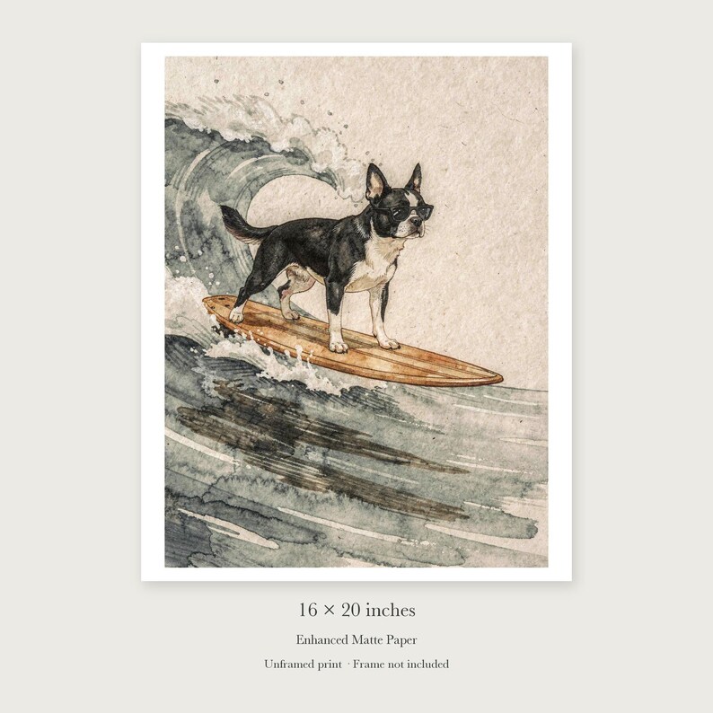 Boston Terrier Surfing unframed 16 by 20 inch print on enhanced matte paper, shown with its white paper border.