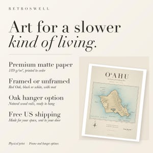 RetroSwell print details for Oʻahu Surf Map: premium 189 g/m² matte paper, framed or unframed, oak hanger option, free US shipping.