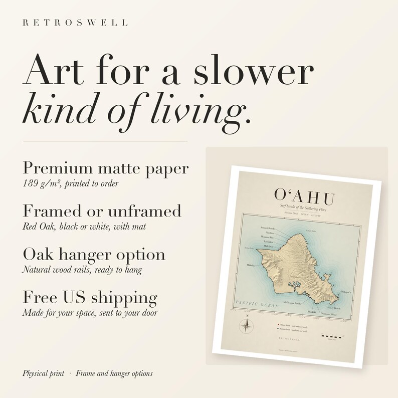 RetroSwell print details for Oʻahu Surf Map: premium 189 g/m² matte paper, framed or unframed, oak hanger option, free US shipping.