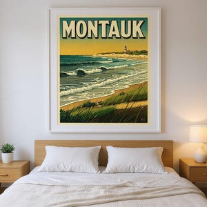 Montauk Surf Poster framed in a modern bedroom setting