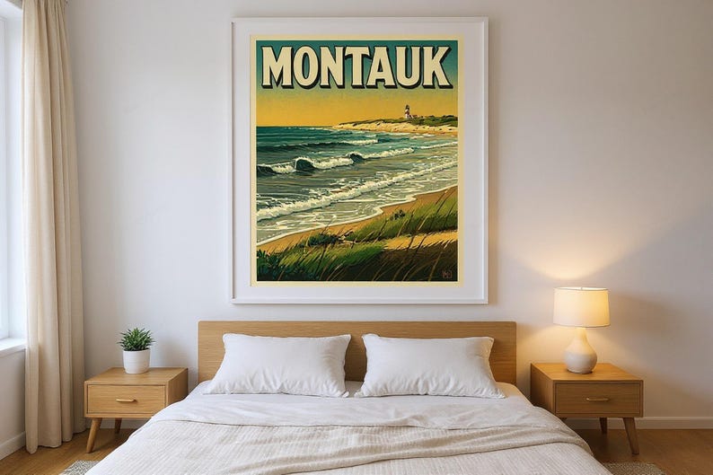 Montauk Surf Poster framed in a modern bedroom setting