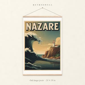 Nazare Surf oak hanger poster, 24 by 36 inches, with natural wood rails and a hanging cord.