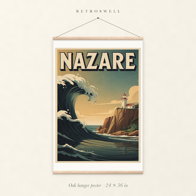 Nazare Surf oak hanger poster, 24 by 36 inches, with natural wood rails and a hanging cord.