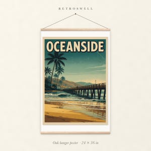 Oceanside California Surf oak hanger poster, 24 by 36 inches, with natural wood rails and a hanging cord.