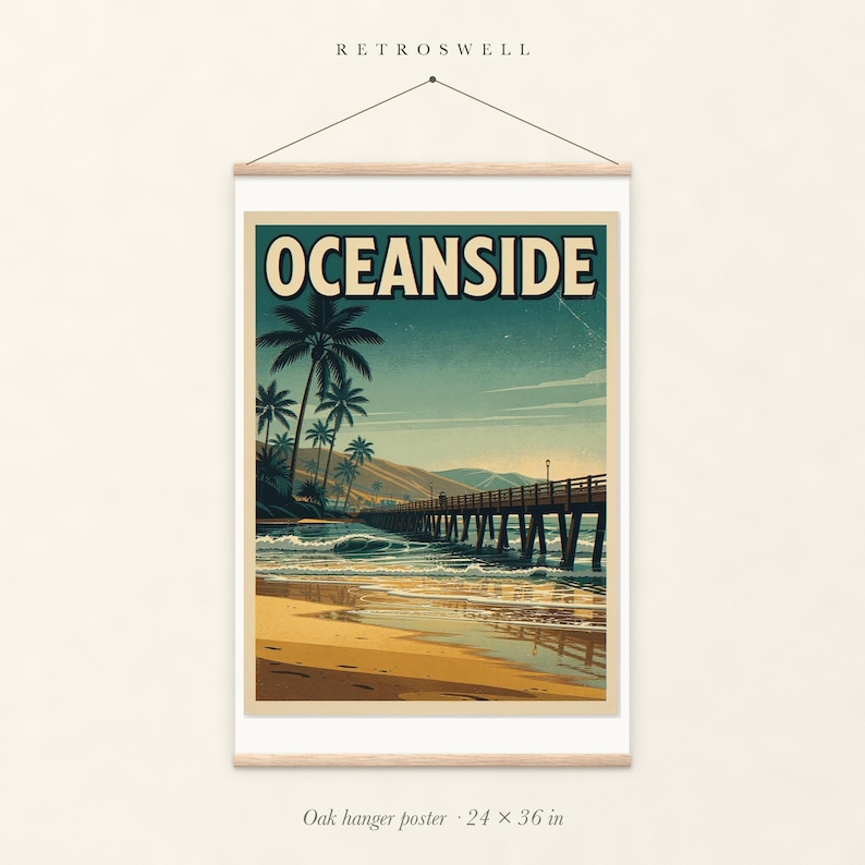 Oceanside California Surf oak hanger poster, 24 by 36 inches, with natural wood rails and a hanging cord.